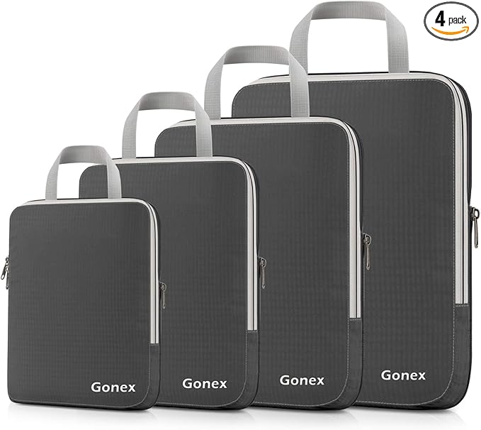 Gonex Compression Packing Cubes, 4pcs Expandable Storage Travel Luggage Bags Organizers (Deep Gray)