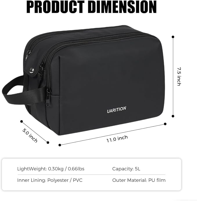 uarition Toiletry Bag for Men, Travel Toiletry Organizer Dopp Kit, Water-Resistant Mens Toiletry Travel Bag for Shaving & Accessories, Black
