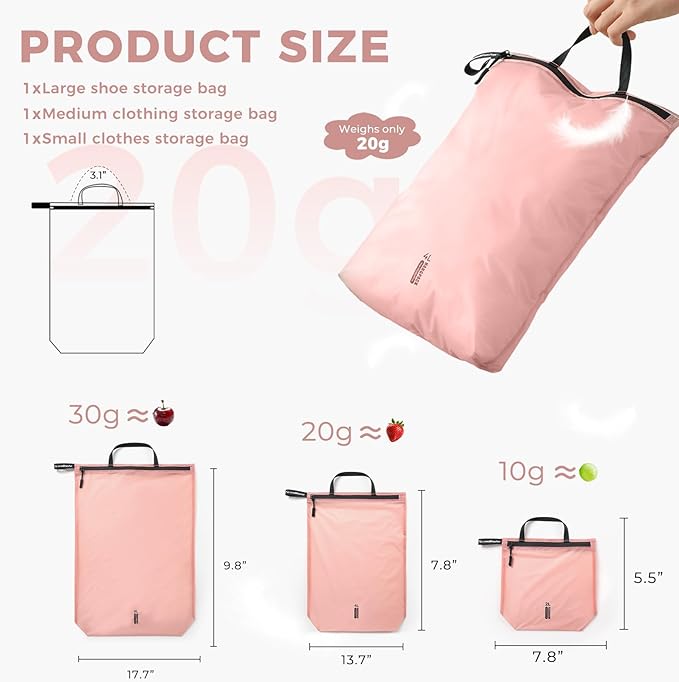Travel Laundry Bag Ultralight Waterproof Washable Wet Dry Bag for Gym, Swimming, Yoga, and Workout Perfect for Dirty Clothes, Bathing Suits, Travel Accessories (3 Pack) (Pink)