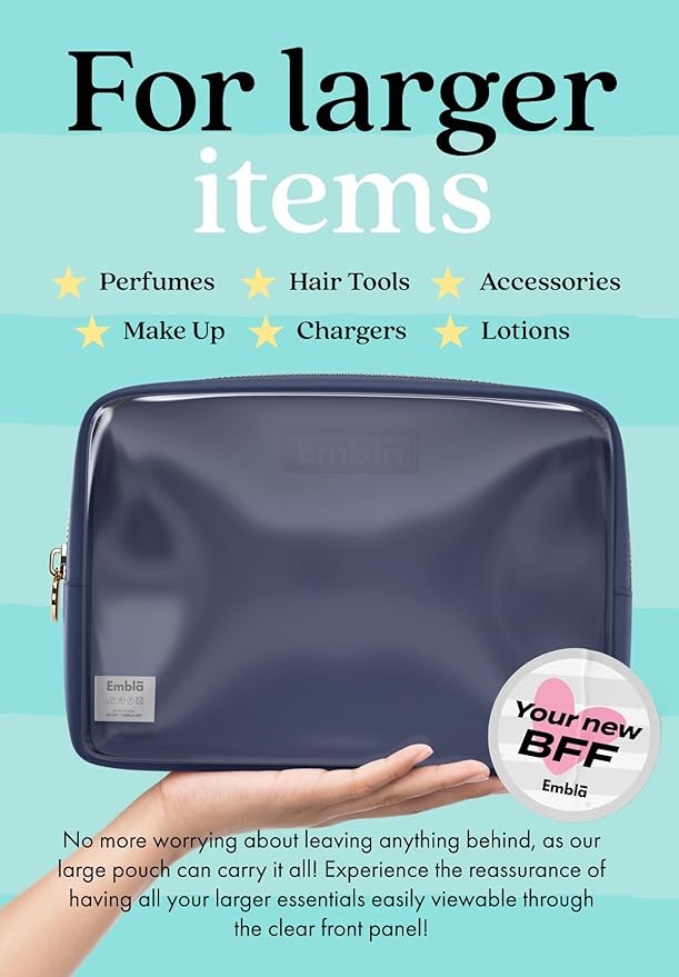 Embla Clear Large Makeup Bag Cute Big Make Up Nylon Pouches Travel Bathroom Bags for Toiletries XL Cosmetic Pouch for Women Girls Extra Large Zipper Toiletry Skincare Organizer Navy Blue