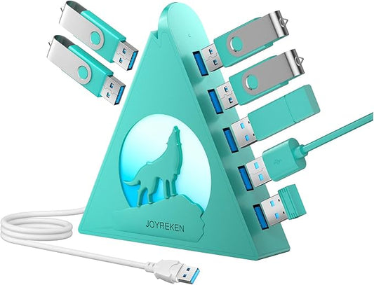 Green 7-Port USB 3.0 Hub,Vertical USB Hub Tower with RGB Lighting & 5Gbps Data Speed, 2FT Cable - Gaming USB Hub Splitter for PC, Desktop, Laptop, PS5, Xbox, Flash Drives
