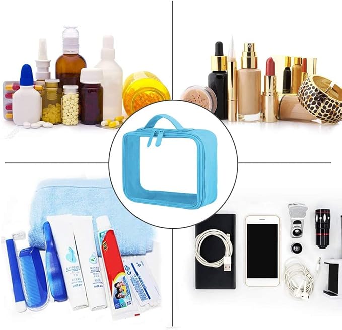 ANRUI TSA Approved Toiletry Bag with Handle Strap, Clear Travel Liquids Toiletries & Cosmetics Organizer Carry-On Luggage for Women and Men 3 Pack (Same Size), 3 - Blue, 3 Count (Pack of 1), Clear