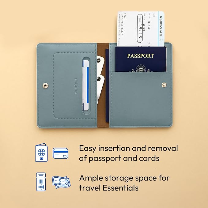 carrotez Family Travel Document Organizer – Premium RFID Blocking Leather Passport Holder & Wallet for 2 Passports, Cards, Boarding Passes & Travel Essentials – Fog Blue