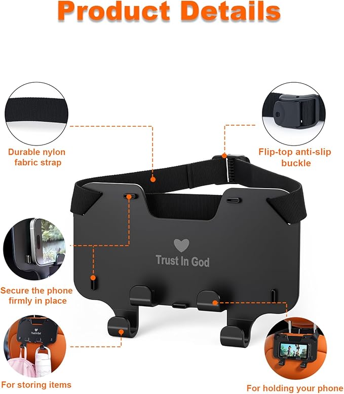 Adjustable Car Seat Headrest Hooks, Universal Fit for All Headrest Styles, Purse Hook with Phone Holder, Car Purse Hooks for Bags, Multifunctional Car Organizers and Storage