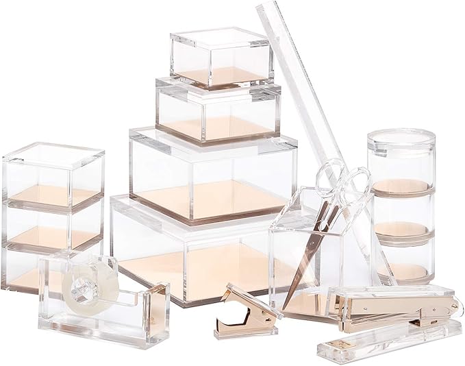 OfficeGoods Acrylic Desk Organizer w/Gold Base – Functional & Elegant Odds & Ends Box for Display or Storage – Perfect for Home or Office, Kitchen, Bathroom Vanity, Curio Display - Extra Large