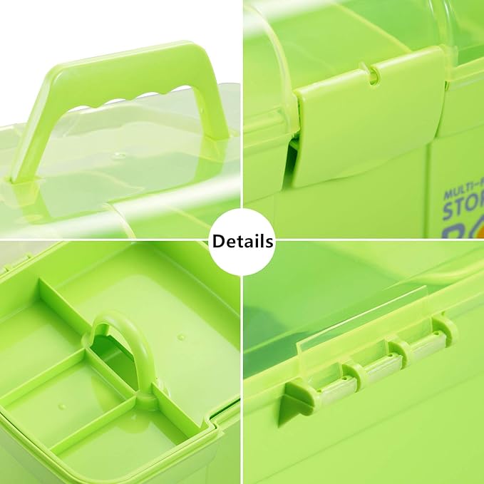 Kinsorcai 11'' Plastic Storage Box with Removable Tray, Multipurpose Organizer and Storage Case for Art Craft and Cosmetic (Green)