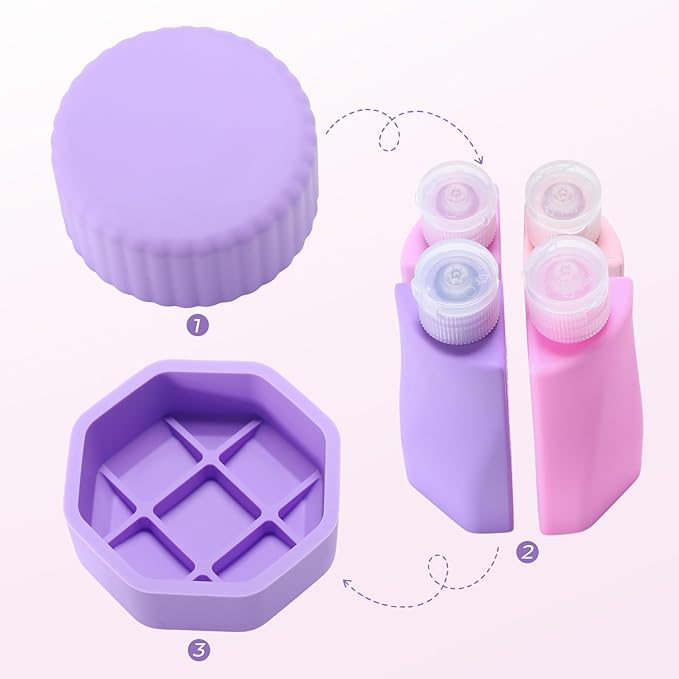 4 in 1 Silicone Travel Bottle for Toiletries, Travel Size Containers Leak Proof Refillable Liquid Squeezable Portable Dispenser Tubs for Shampoo Conditioner Lotion Body Wash(Purple)