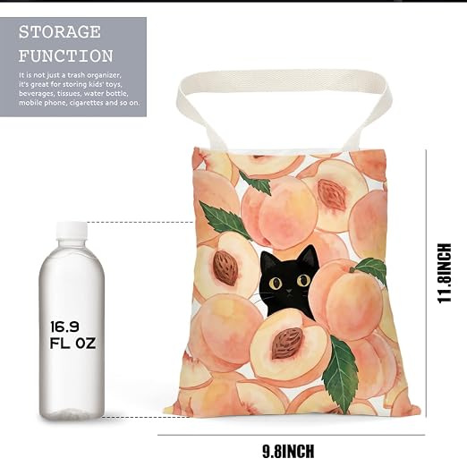 Black Cat Car Trash Bag, Peach Car Trash Bag Hanging, Peach Accessories, Summer Decor Waterproof Cars Back Seat Hanging Organizer Garbage Can for Vehicle Travelling Camping
