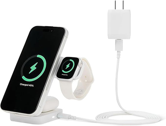 Amazon Basics MagSafe Compatible 25W Fast Charging Qi2.2 Certified 3-in-1 Wireless Charging Station, Foldable Stand for iPhone 17/16/15/14/13/12, Apple Watch, AirPods, with 45W Adapter, White