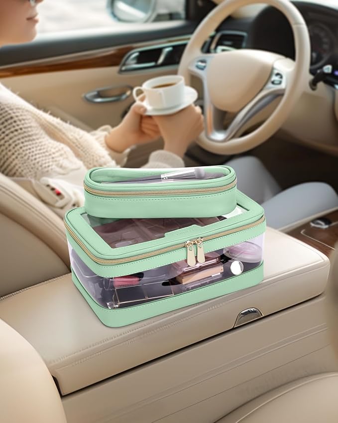 Soimeat Travel Clear Makeup Bag with Makeup Brush Bag, Leather Makeup Case Toiletry Bag, Portable Cosmetic Bag Case, Transparent Waterproof Cosmetic Organizer Storage Bag for Women, Mint Green