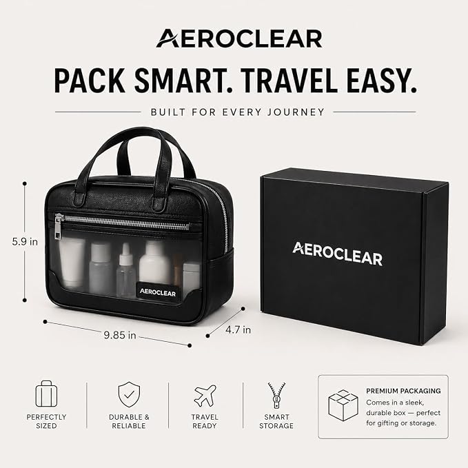 Premium Clear Toiletry Bag, TSA Approved Waterproof Organizer | Rigid structure, clear visibility, 3-compartment organization, sleek black finish