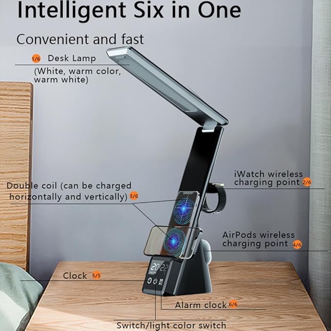 IHAO 6in1 Multifunctional Foldable LED Desk Lamp with Wireless Charger Digital Alarm Clock Eye-Care Lighting 3 Color Modes 15W Qi Charger for Phone/Headphones Compatible with iWatch Charger-N61 White