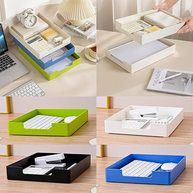 Letter-Size Tray, 2 PCS Desk Drawer Organizer, A4 Stackable Plastic Paper Tray for Office, School, Home Storage, and Storage Containers for Gift Wrap, and Crafts (2X Black)