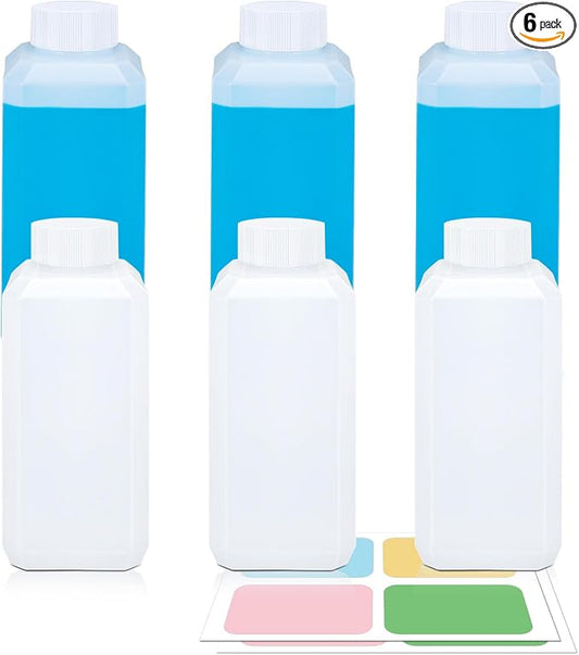 DEMORA 8oz Small Square Plastic Travel Bottles, Reusable Leak Proof Liquid Containers with Caps and Stickers for Pill, Water, Juice（3 Translucent & 3 White, 6Pcs）