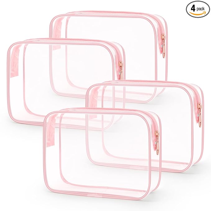 Wedama TSA Approved Toiletry Bag, Cosmetic Bags 4 Pack with Zipper Carry on Airline Airport Travel Accessories, PVC Makeup Bags for Travel, Quart Size Travel Bags for Men and Women-Pink