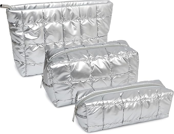 3Pcs Puffer Quilted Makeup Bag Travel Cosmetic Bag Set Portable Puffy Checkered Toiletry Pouch Skincare Organizer Purse Pencil Case (Silver)