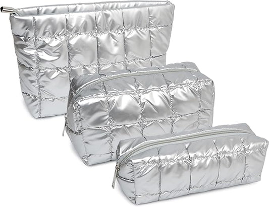 3Pcs Puffer Quilted Makeup Bag Travel Cosmetic Bag Set Portable Puffy Checkered Toiletry Pouch Skincare Organizer Purse Pencil Case (Silver)