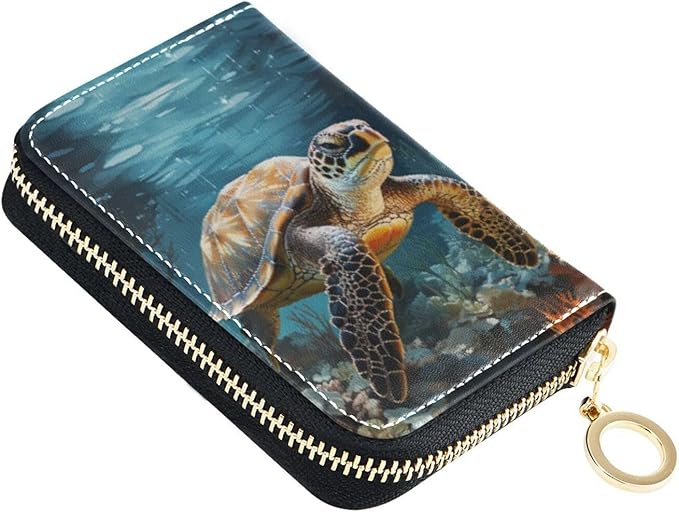 Sea Turtle RFID Credit Card Holder Wallets Accordion for Women Leather Zipper Card Case Accordion Wallet for Ladies Girls