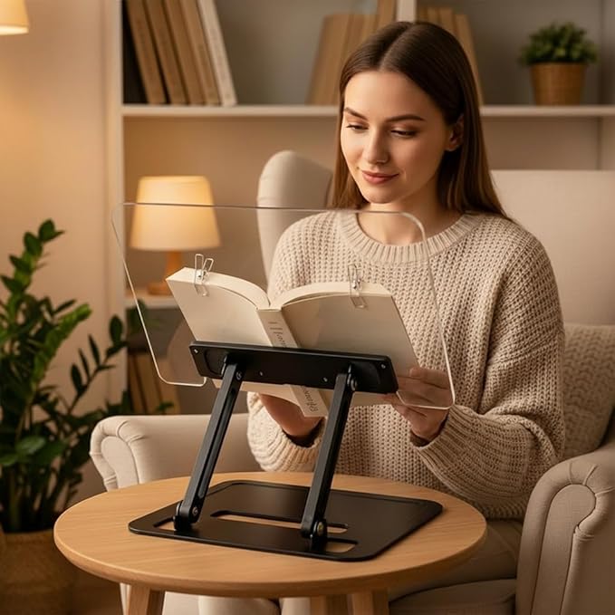 Acrylic Adjustable Book Stand, Reading Stand with Lift Design, High-Density Alloy Desktop Document Holder for Document Recipe, Cookbook, Music Book (Black)