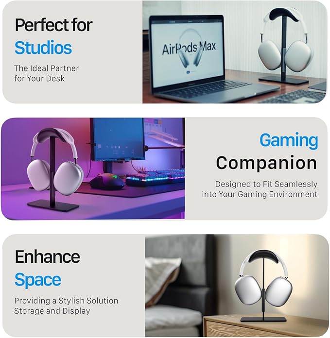 AirPods max Stand with Sleep Mode, Headphone Stand for Desk, Aluminum, Anti-Slip Base, ABS Protection, Anti-Scratch Touch Surface (Black)