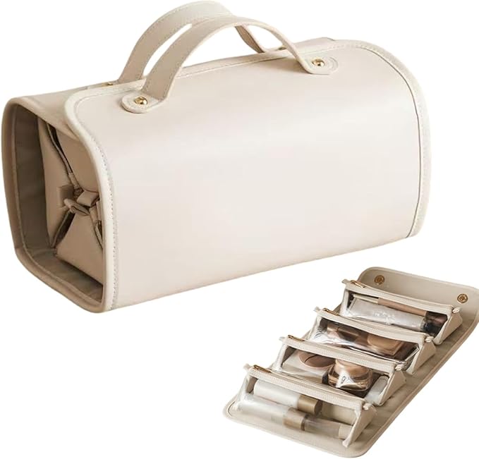 Large Expandable Makeup Bag for Women, 4-in-1 Waterproof Makeup bag, Cosmetic Bag with Detachable Interior Pockets, Ideal for Women Travel Essentials(White)