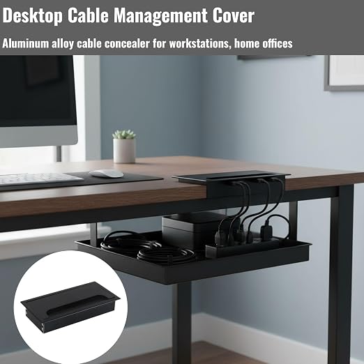 Desktop Cable Management Cover for Desk Organization - Aluminum Alloy Cable Box with Brush Seal (Black, 8.0x16.0x2.8 cm)