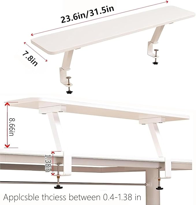 AWSAD Clamp on Desk Shelf, Desktop Extender Storage Organizer Adjustable Floating Desks Shelf for Office, Dorm, Home Desk Organization, White (31.5 x 7.8 in)