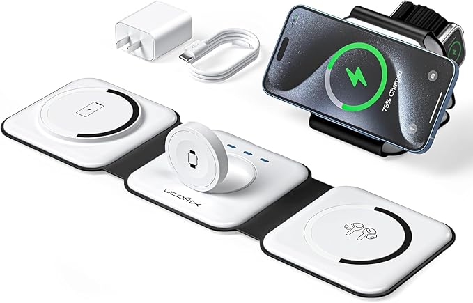 UCOMX 3 in 1 Charging Station for Multple Devices,Foldable 3 in 1 Wireless Charger for Travel,Nano Wireless Charging Station for iPhone16 15 14 13 12 Pro Max/Watch 10 9 8 7 6 5 4 3 Ultra/AirPod Pro