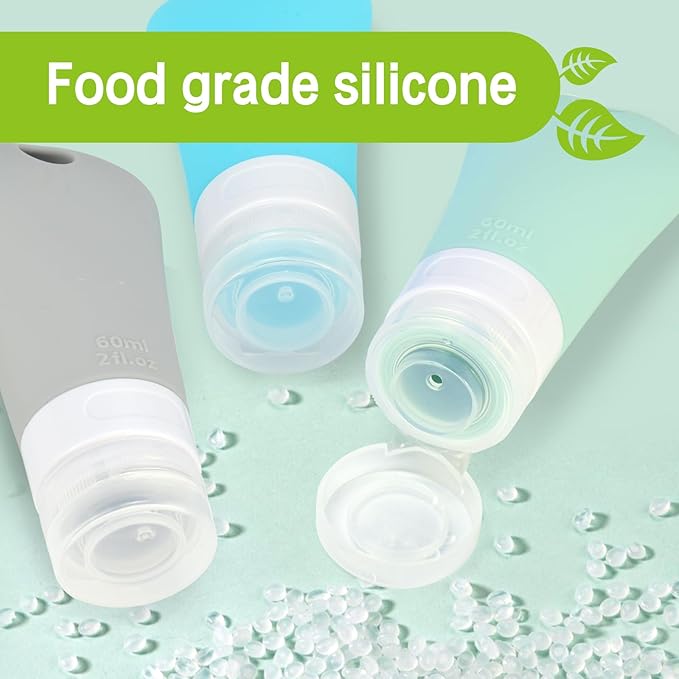 travel bottle set for dispensing toiletries (with label), leak-proof silicone (BPA-free) squeezable refillable liquid travel accessories for cosmetics, shampoo and lotion soap (3PCS) (2 oz)