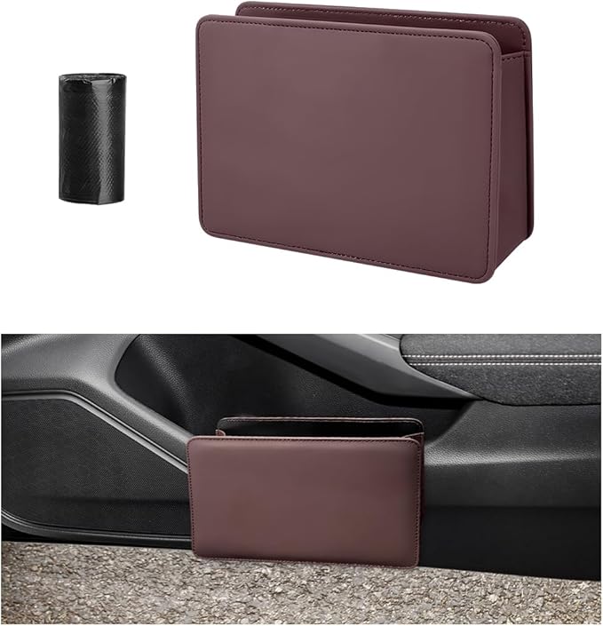 Car Trash Can, Waterproof Leather Hanging Storage Container Vehicle Dustbin, Auto Foldable Mini Garbage Organizer Trash Bag for Truck SUV RV, Essential Car Accessories (Dark Brown)