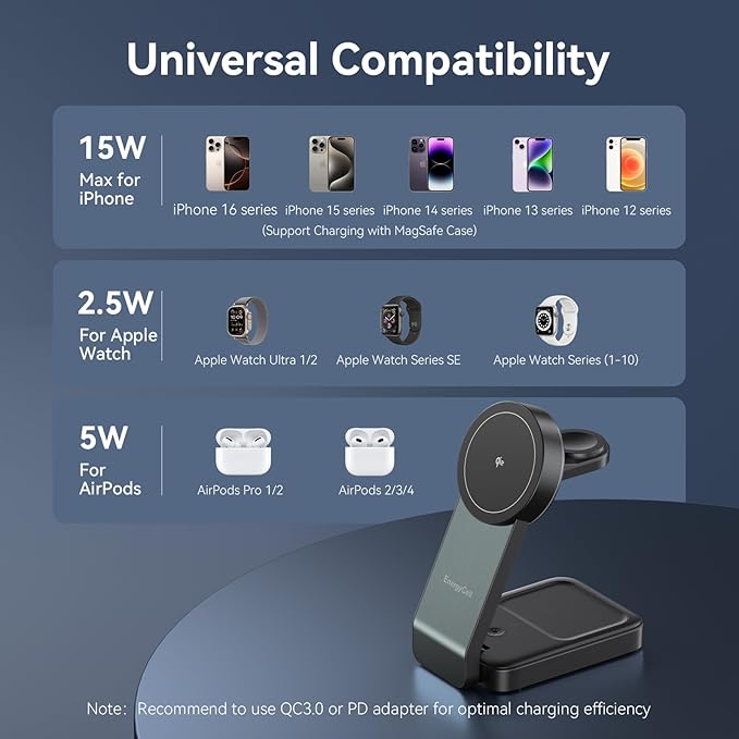 2026 3 in 1 Wireless Charging Station for Apple MagSafe Charger, Q2 15W Fast Magnetic Mag-Safe Charger Stand for iPhone 17 16 15 14 13 12 Apple Watch AirPods Series (30W USB-C Charger Included)