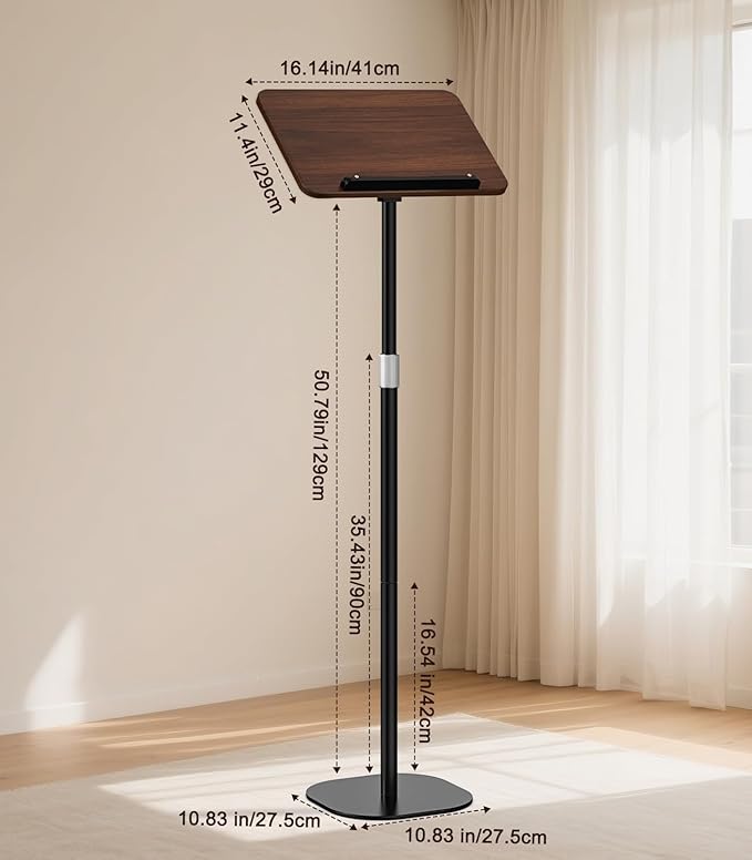 2-in-1 Floor & Desktop Wooden Book & Music Stand, 100% Solid Wood, Adjustable Height 16.5"-51", Hands-Free Reading Stand with Page Clip for Cookbooks, Sheet Music, Bible, Office & Home