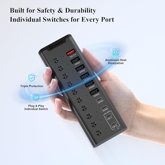 Powered USB Hub, 10-Port USB C Hub with 5*USB-A 3.2 and 2*USB-C 3.2 Ports, BC1.2&2*PD 45W Charging Ports Individual Switches and 24V/3A Power Adapter, USB Extension for PC and More(Black).