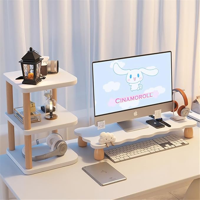 Monitor Stand Riser, Cloud-Shaped Sturdy Wood Computer Monitor Riser, Laptop Monitor Stand, Multi-Purpose Desktop Organizer Riser for Computer, Laptop, Printer, TV (White)