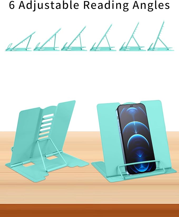 MSDADA Small Desk Book Stand Metal Reading Rest Book Holder Adjustable Cookbook Documents Holder Portable Sturdy Bookstands for Recipes Textbooks Tablet Music Books(Light Green)