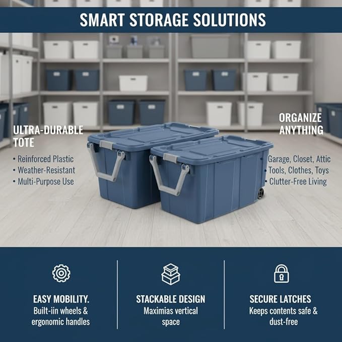 40 Gallon Heavy-Duty Rolling Storage Bins 2-Pack, Blue Industrial Plastic with Pivot Handle, Leakproof Lid & Latches, for Garage Workshop Equipment Transport & Storage