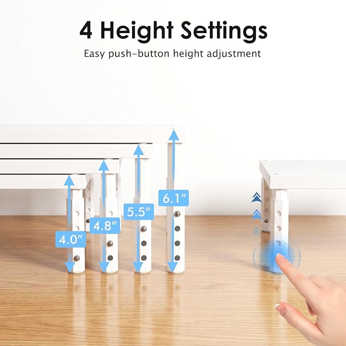 ECOLOVI Wood Computer Monitor Stand Riser for Desk, 4-Height Adjustable Desktop PC Printer Laptop Stand Shelf, Desk Organizer Workspace Accessories for Home Office Supplies, White