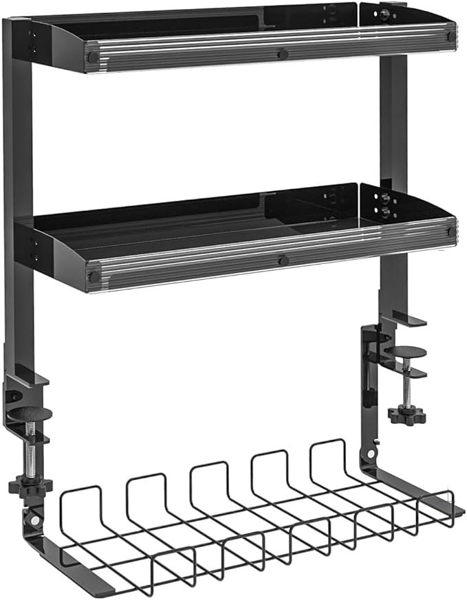Clamp-On Desktop Organizer Shelf, Adjustable Clip-on Tabletop Storage Tray for Office Desk, Clamp-on above or Under Desktop Storage Shelf, Save Space, Black + Plastic Panel + Grid