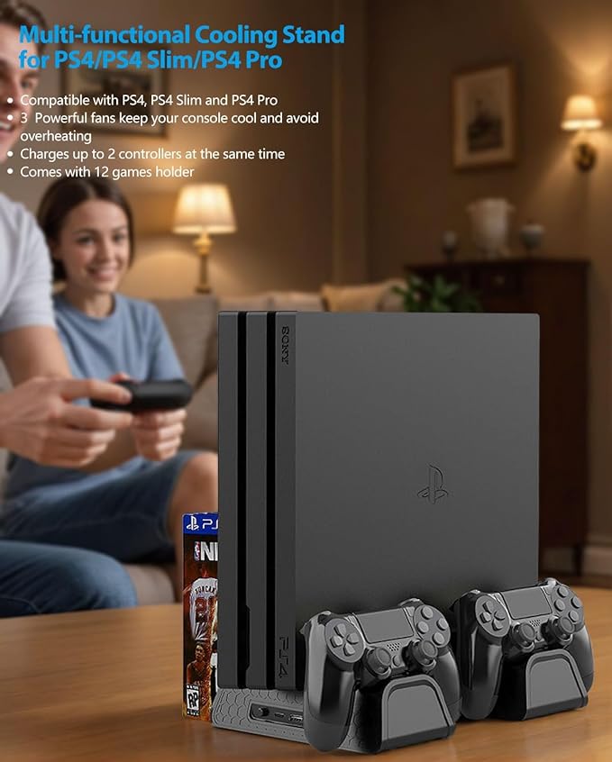 Vertical Stand for PS4/PS4 Slim/PS4 Pro - Cooling Fan with PS4 Charger Controller Charging Station with Game Storage (Black)