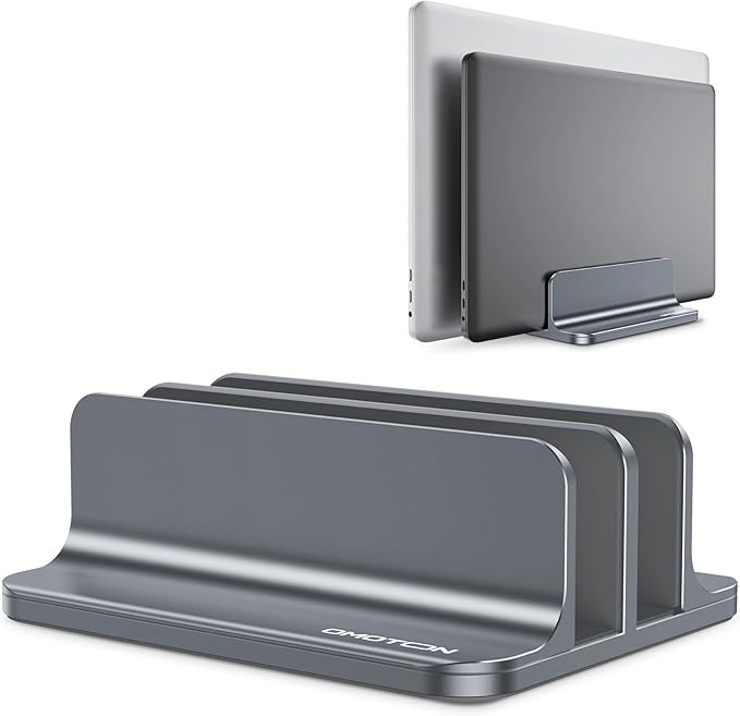 OMOTON Vertical Laptop Stand [Updated Double Version], Desktop Aluminum Mac Book Stand with Adjustable Dock Size, Fits All Mac Book, Surface, Chrome Book and Gaming Laptops (Up to 17.3 inch) (Grey)