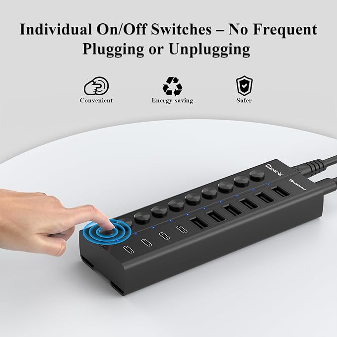 Powered USB Hub, 10-Port USB C Hub with 6 USB-A 3.2, 4 USB-C 3.2 Ports, Individual Switches and 12V/5A Power Adapter, Aluminum USB Extension for MacBook, Laptop/PC and More(Black)