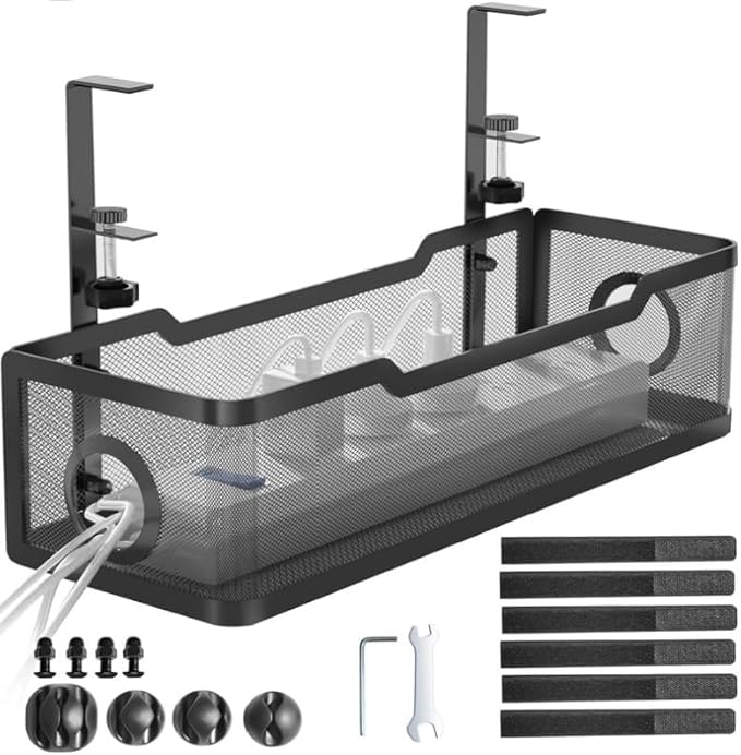Under Desk Cable Management Tray with Clamp – No Drill Wire Organizer for Office & Home, Cord Management Box – No Damage to Desk