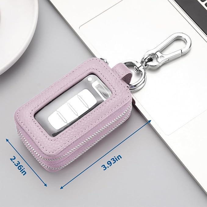 BELOMI Car Key Fob Case, Genuine Leather Remote Keychain Bag with Lanyard and Zipper Closure, Key Protection Cover for Men Women (Purple)