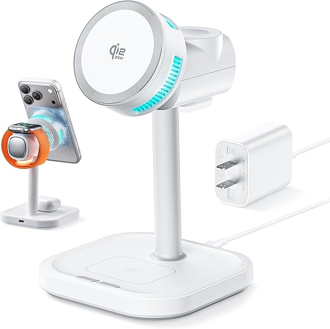 Qi2.2 25W Magnetic 4-in-1 Wireless Charging Station, TEC Active Cooling MagSafe Charger Stand with Night Light, 45W Adapter Included, for iPhone 17-12, iWatch, AirPods, Samsung Gifts for Fathers Day