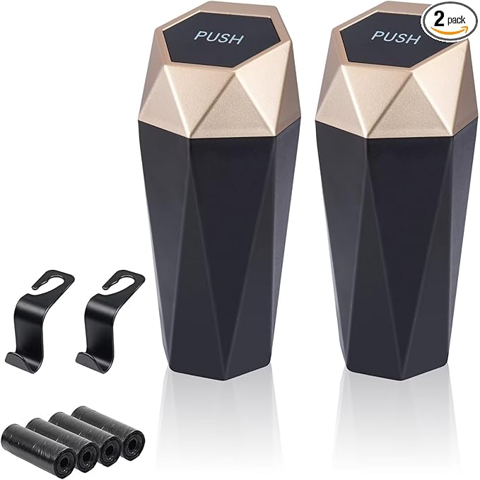 BFXM Car Trash Can, 2 Pack Car Trash Bin with Lid, Car Accessories for Women Interior, Car Garbage Can with Additional 2 ABS Hooks and 60pcs Trash Bags, Suitable for Home, Office, Car Organizer, Gold