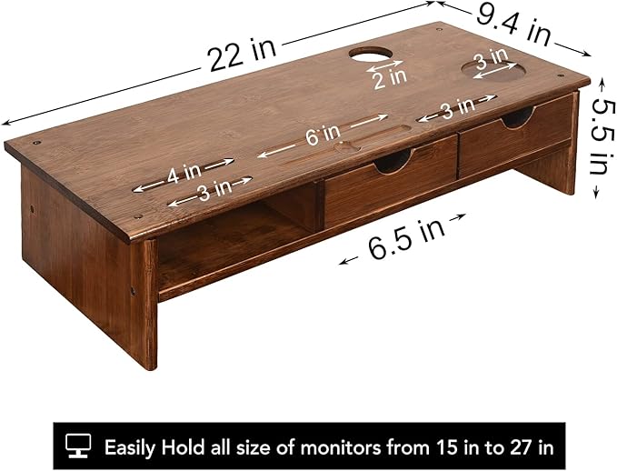 Sundale Outdoor WAYTRIM Bamboo Wood Monitor Stand Ergonomic Computer Riser with Storage Organizer Drawers Desktop Laptop Shelf Risers Cellphone Stand for Home and Office Use, Classic Antique Brown
