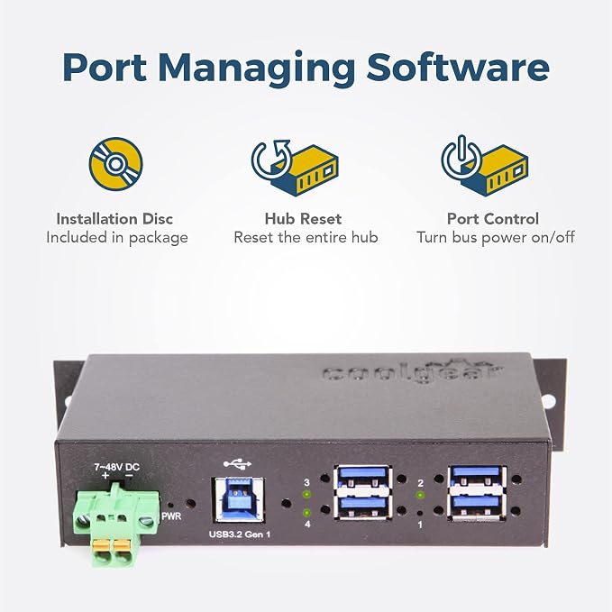 Coolgear 4 Port Managed USB 3.2 Gen 1 Hub with 15KV ESD Surge Protection and Individual Port Control for PCs
