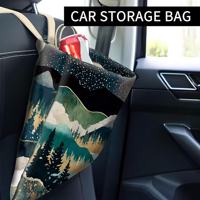 Car Trash Can, Cute Car Trash Bag, Hanging Car Organizer and Storage Bag, Trash Bin for Car Accessories, Vehicle, Travelling, Camping Night Forest Mountain