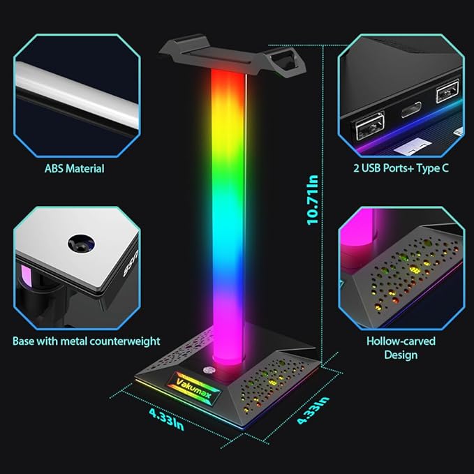 Gaming Headset Stand with Charging Hub for Desk - 3 Ports (USB/Tpye-C Charging Port), RGB PC Gamer Headphone Holder with 10 Color Lighting Modes, Touch Control, Desk Headsets Organizer