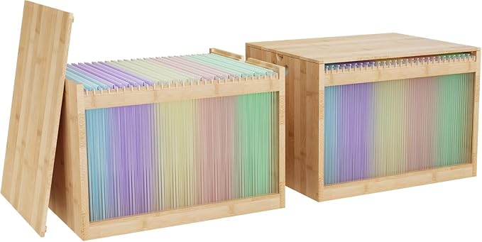 Bamboo Hanging File Boxes with Lids 2 Pack, File Organizer Box for Letter/Legal File, File Box with Hanging Folders Acrylic Light Easy Assembly File Storage Boxes for Office Home, Natural